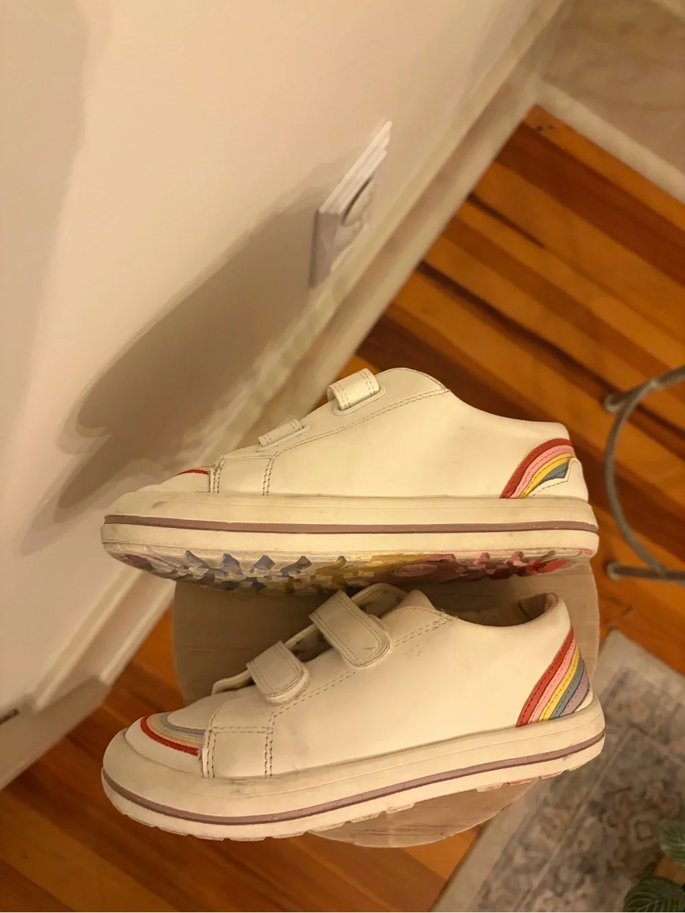 12 little girls sneakers no tie easy slip on white with rainbow detail